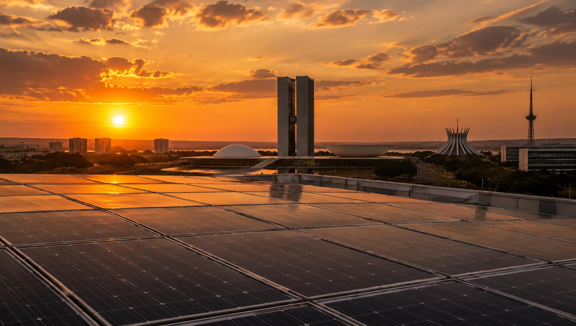 Telhado com painéis solares ao pôr do sol e a skyline de Brasília ao fundo